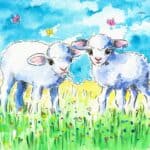Watercolor picture of two lambs in a field with a bright blue sky and yellow & blue flowers and butterflies. The lambs represent the grandchildren we are praying for in this prayers for toddlers post.