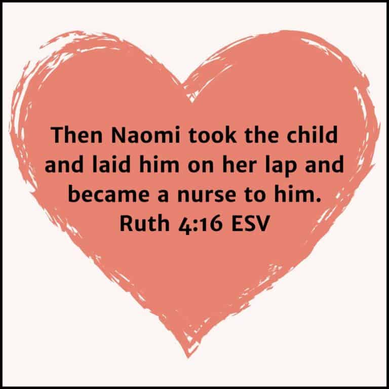 Illustration for the Bible verses about grandparents showing a pink heart with an orange tint containing the Bible verse from Ruth 4:16.