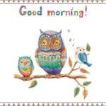 Featured image for post on short morning prayers for your grandchildren. Picture shows a large owl (the parent) sitting on a branch with a child own and a bird who is singing.