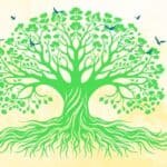 Drawing of a bright green tree in full bloom with blue birds landing in the branches. To demonstrate spiritual legacy the tree roots are also pictured.