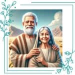 Illustration for Bible verses about grandparents post showing a man and a woman from Bible times. They are dressed in traditional robes of light brown. The woman has a head covering. In the background is a desert landscape with mountains beyond that. The frame is blue with flowers in the corners.