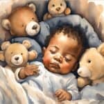 Picture is an AI generated image of a mixed race baby with dark curly hair sleeping in a crib. The crib has a blue blanket and the newborn is surrounded by 4 brown teddy bears. Feature image for Prayer for Newborns blog post.