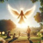 AI generated image of 4 young children playing at a park. Above them an female angel is watching over them. This is the featured image to show praying for your grandchildren's protection.