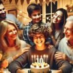AI generated image showing a family celebrating a 10 year old boy's birthday. There is a cake with candles on the table in front of a boy who has a big smile. His grandparents, parents and 2 siblings are gathered behind him. The grandparents have thier hands on the boys arms as though they are getting ready to speak blessing words over him. The picture is in tones of soft brown and gray.