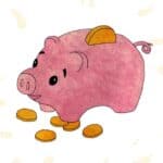 In the middle of this picture is a piggy bank illustration. The pig is pink and has a gold coin being dropped into a slot on its back. Threre are 5 gold coins by the pig's front feet. There are 2 stacks of gold coins one in the upper left corner and one in the lower right. This is used to illustrated the post scripture on inheritance by showing a relateable way to save money.