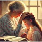 AI image of a grandma blessing her granddaughter. They are sitting at a table with a Bible open in front of them. The grandma has her hands on the girl's head and the girl has her hands folded in prayer. They are both dressed in white and pink. In the background sun is streaming in the window which backlights the scene illustrating how to speak blessings over someone.