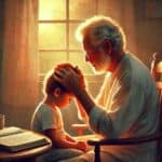 An AI-generated image for the post speak blessings. Here are grandpa and pre-school age grandson are shown at a table. There is a Bible open on the table. The grandpa has his hands on the boy's head and they both seem to be praying. The sun is streaming in the window and outlining the two figures.