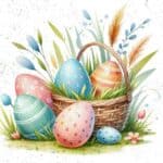 This is a drawing of a brown wooden Easter basket holding 2 Easter eggs. There are 3 large eggs nestled next to the basket and one smaller egg. The eggs are decorated in pastel blues, yellows and pinks. The background has whispy leaves and grass that are taller than the baskset. Easter eggs are one of the topics covered in this post How to explain Easter to a child.