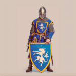A picture of a knight in armor holding a shiled. The shield is blue with a unicorn in the middle of it and has gold around the edges. This is used to illustrate the post Praying Psalm 91, verse 4 which talks about a shield.