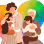 Illustration for 22 Bible verses about grandchildren. A drawing of a grandma and grandpa each hugging a grandchild with a watercolor heart background. Used to show grandparens love for their grandchildren.