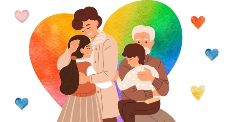 Illustration for 22 Bible verses about grandchildren. A drawing of a grandma and grandpa each hugging a grandchild with a watercolor heart background. Used to show grandparens love for their grandchildren.