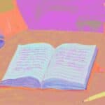 Featured image for the post about creating a prayer journal. It features an open notebook with handwriting on the pages. The notebook is in the center surrounded by a pencil jar, a pen and the corner of a laptop,