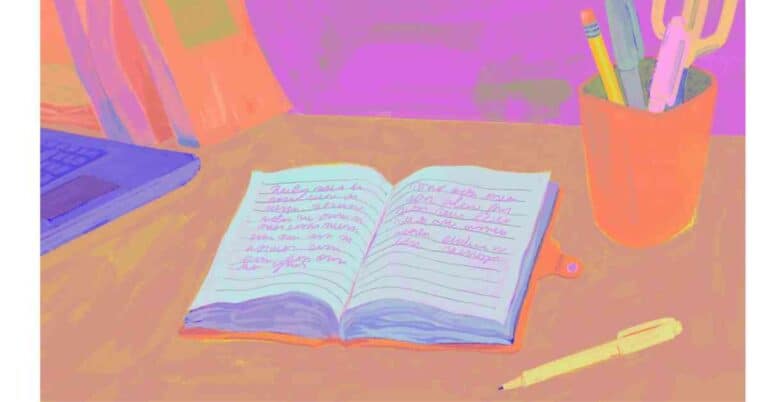 Featured image for the post about creating a prayer journal. It features an open notebook with handwriting on the pages. The notebook is in the center surrounded by a pencil jar, a pen and the corner of a laptop,
