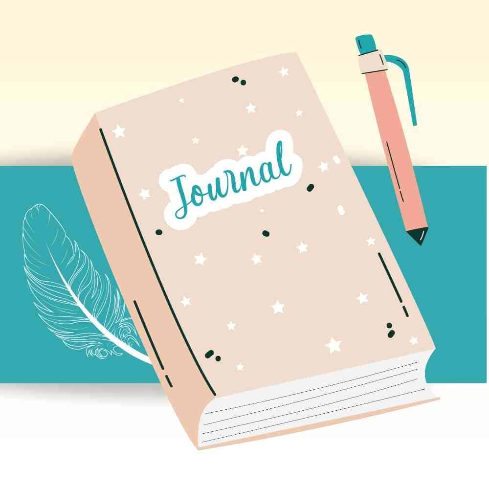 Graphic of a pink journal with a pen laying on a blue rectangle with a feather on the left side. Used to illustrate the Prayer Journal blog post.