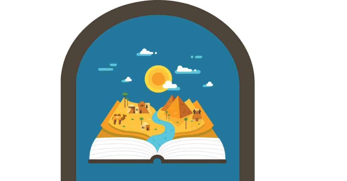 Illustration for 22 Bible verses about grandchildren post. This picture shows an open Bible with a picture of a desert town laying on top of it, as if the story has come to life. The town has a river running through the middle of it and there are pyramids and housees, plue 1 camel spread throughout town. The background in a blue arch, with another arch in brown for a frame.