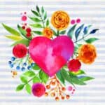 Watercolor picture of a pink heart in the middle of the picture. Around the heart are gold and pink flowers, sprigs of berries in blue and orange plus branches of leaves in green and blue. This picture takes up the middle half of the space and is on a blue and white striped background. The picture should invoke a feeling of grandma's love for the post Prayers for my Granddaughter.