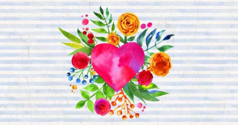 Watercolor picture of a pink heart in the middle of the picture. Around the heart are gold and pink flowers, sprigs of berries in blue and orange plus branches of leaves in green and blue. This picture takes up the middle half of the space and is on a blue and white striped background. The picture should invoke a feeling of grandma's love for the post Prayers for my Granddaughter.