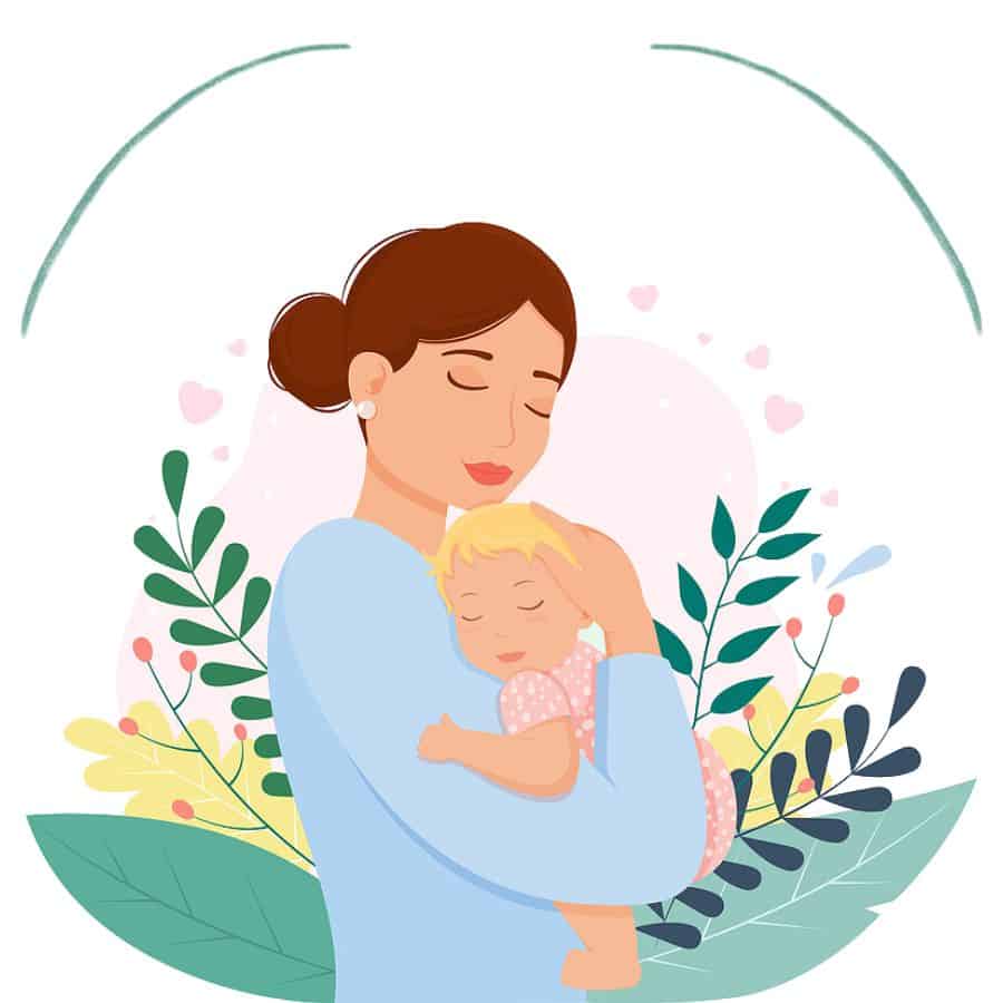 Illustration of a mother holding a new baby. Used for the post Prayers for newborns. The image of the mother is from the waist up. She is holding a baby in her arms and cuddling it close. Both mother and baby have their eyes closed and the mom is smiling. The background is soft leaves and berries.