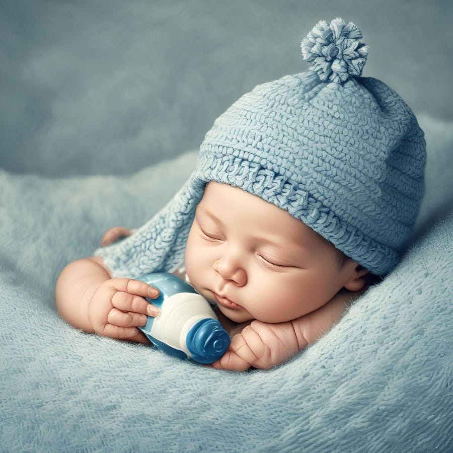 AI generated image of a Caucasion newborn baby boy. He is asleep on a blue blanket with a blue hat on his head. He is holding a bottle in one hand. Used to illustrate the section on prayer for sleeping in the post Prayer for Newborns.