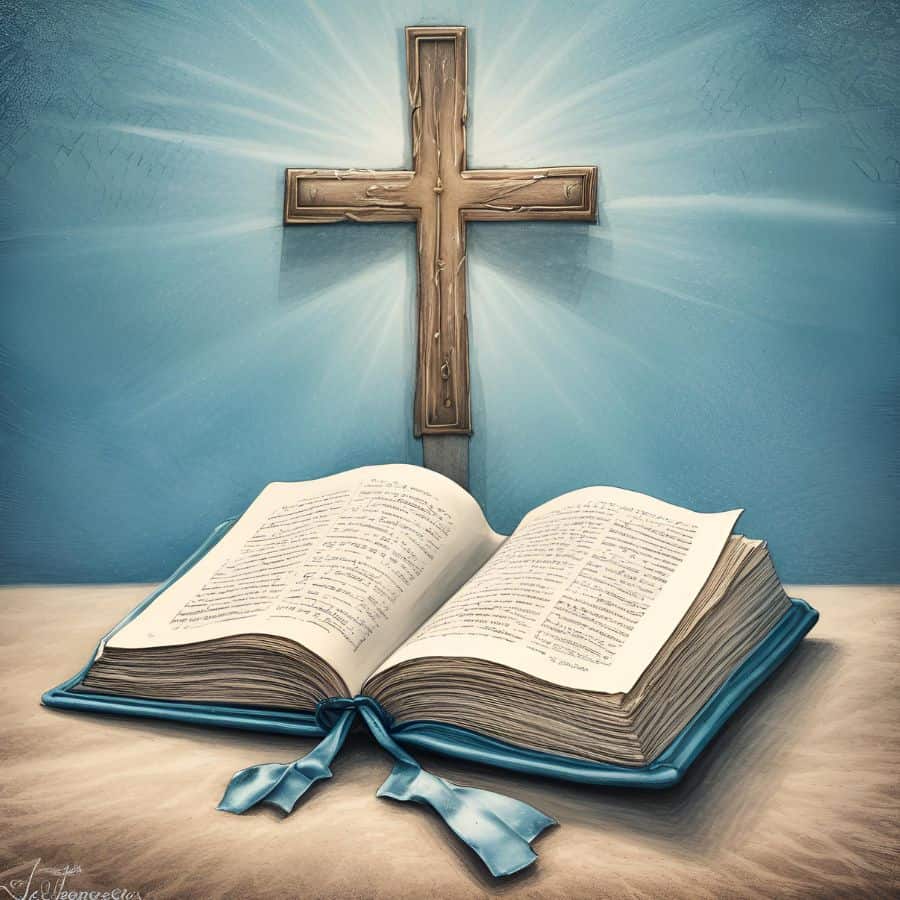 AI generated image of an open Bible with a wooden cross on the wall in the background. The Bible is laying on a brown table. Used to illustrate the section on following Jesus in the post Prayer for Newborns.