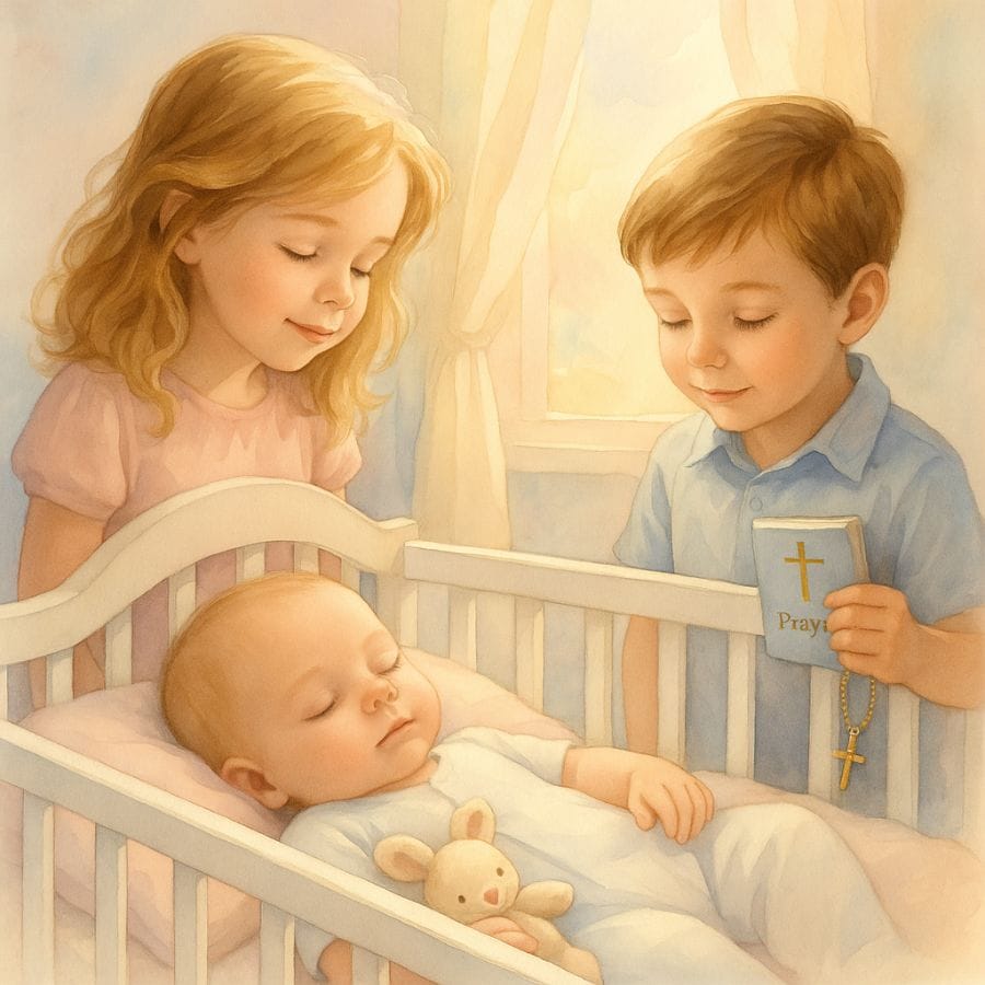 A newborn baby sleeping in a crib with a small stuffed rabbit. The baby's older sister and brother are standing over the baby with smiles on their faces. The boy is holding a book of prayers. Used to illustrate the section on siblings in the post Prayer for Newborns.