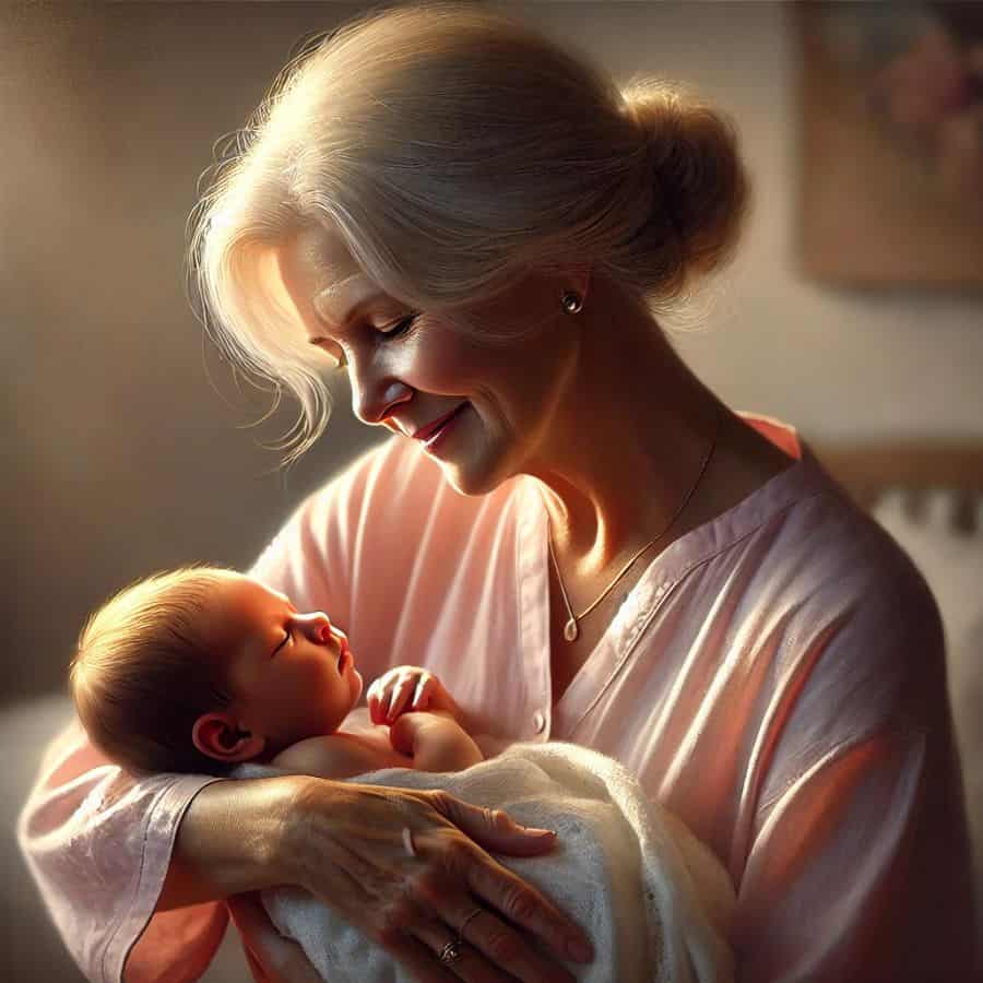 AI generated image of a grandma holding a newborn baby and smiling. The grandma has white hair ina bun and she is wearing a light pink blouse. The baby is wrapped in a white blanket and is sleeping. This image is used to illustrate the blog post Prayer for Newborns.
