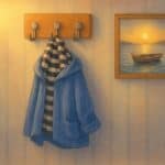 Image of a boys jacket hanging on a hook on the wall. There is a warm light coming from the left side. This is supposed to show divine presence for the blog post Praying for my grandson. On the right is a framed picture of a rowboat on a lake.