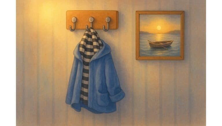 Image of a boys jacket hanging on a hook on the wall. There is a warm light coming from the left side. This is supposed to show divine presence for the blog post Praying for my grandson. On the right is a framed picture of a rowboat on a lake.