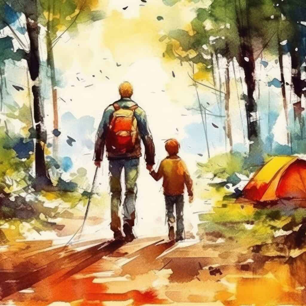 Illustration of a father and son hiking in the woods. The picture shows them from the back, walking down a trail. The dad has a walking stick in his left hand and he is wearing a backpack. The son is holding his hand. There is a tent on the right hand side of the picture. This is used to show family togetherness in the post Praying for my Grandson.