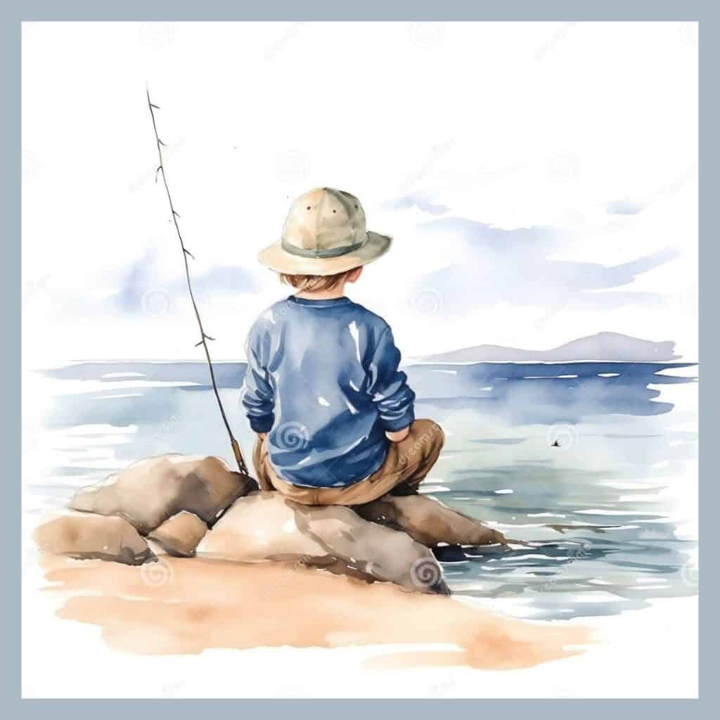 Drawing of a young boy about 7 years old sitting on a rock at the edge of a lake. He has a fishing hat on and a fishing pole to his right. Used to illustrate the post praying for my grandson to show an activity a boy might like.