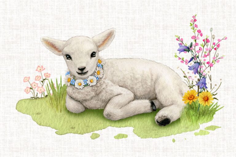 Watercolor picture of a lamb. The lamb is centered on a patch of grass with a small bunch of flowers on the left side and a larger bunch of flowers on the right. Used to make the reader think about toddlers as lambs under Jesus' protection.