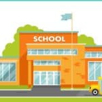 Illustration of a school building with a school bus on the street in front of it. There is a flag pole in front of the school and a bench on the left side of the picture. In the top left cornere is an icon of praying hands in front of a cross. This is used to illustrate the blog post Back-to-School Prayers for grandchildren.