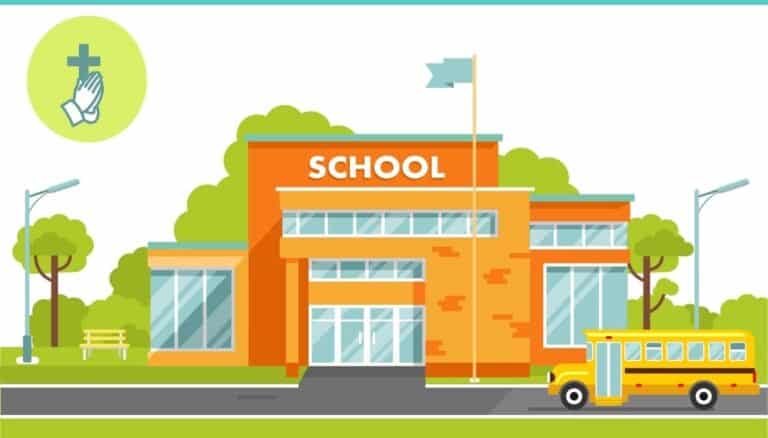Illustration of a school building with a school bus on the street in front of it. There is a flag pole in front of the school and a bench on the left side of the picture. In the top left cornere is an icon of praying hands in front of a cross. This is used to illustrate the blog post Back-to-School Prayers for grandchildren.