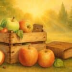 Watercolor picture of a crate of apples sitting in a field. Next to the crate is a book and 2 whole apples plus a half apple leaning against the crate. In the background is an apple orchard at sunrise. Used to illustrate abundance for the post fruit of the spirit prayer cards.