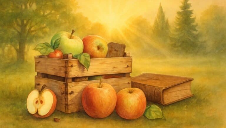 Watercolor picture of a crate of apples sitting in a field. Next to the crate is a book and 2 whole apples plus a half apple leaning against the crate. In the background is an apple orchard at sunrise. Used to illustrate abundance for the post fruit of the spirit prayer cards.