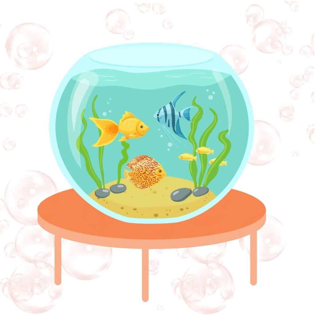 Drawing of 3 fish in a fish bowl. There is a goldfish, a blue striped fish and a brown patterned fish swimming in a bowl that has seaweed decorations. The bowl is sitting on a short table. The background is made of bubbles that are muted pink. This picture is used to illustrate the post Pets in Heaven: Offering Hope When Little Hearts Hurt.