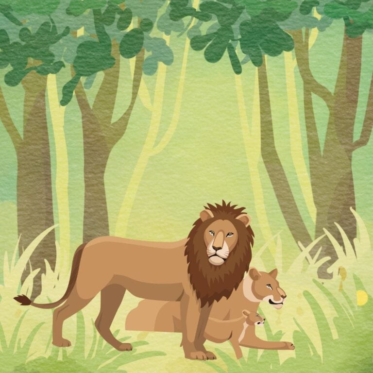 This is a watercolor picture of a lion family. The male lion is standing up, the female lion is laying down and the baby lion is standing. They are in a forest area. The male lion is looking up as if expecting something. Used to illustration the post Pets in Heaven: Offering Hope When Little Hearts Hurt.