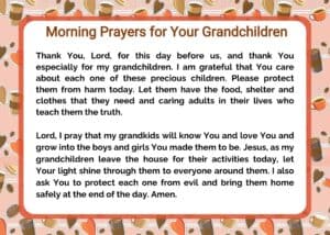 Sample of a prayer card for Morning Prayers for your Grandchildren. It has a background that has coffee cups and hearts in various shades of pink and brown. The prayer is in the middle of the 5 X 7 card on a white background with and orange border.