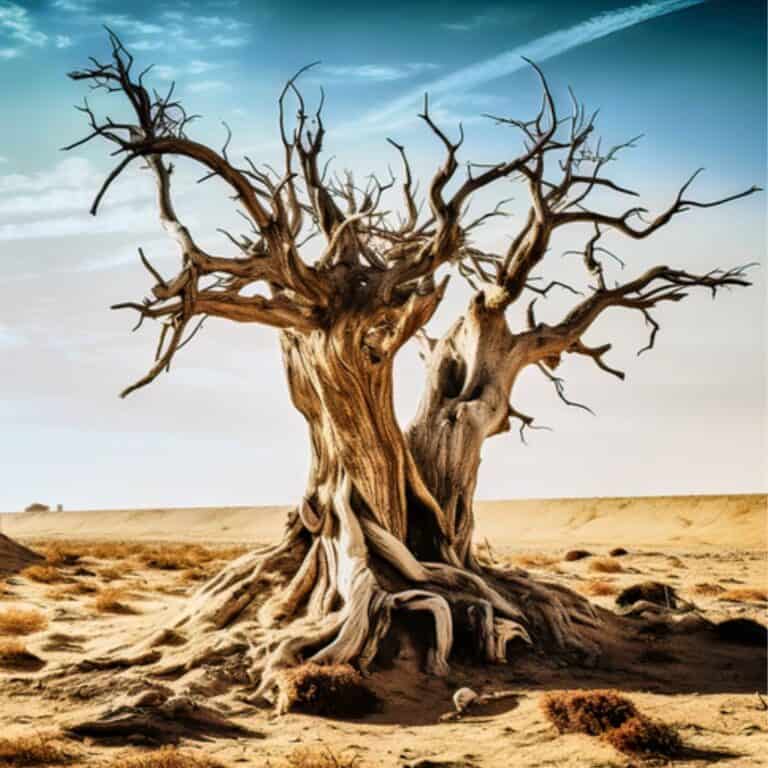 Illustration of a dead tree in a desert. The tree is old and gnarled with no leaves. The background is a wide open sky with a barren landscape. Used to show the concept of generational curses for the post 24 Bible verses about grandparents.