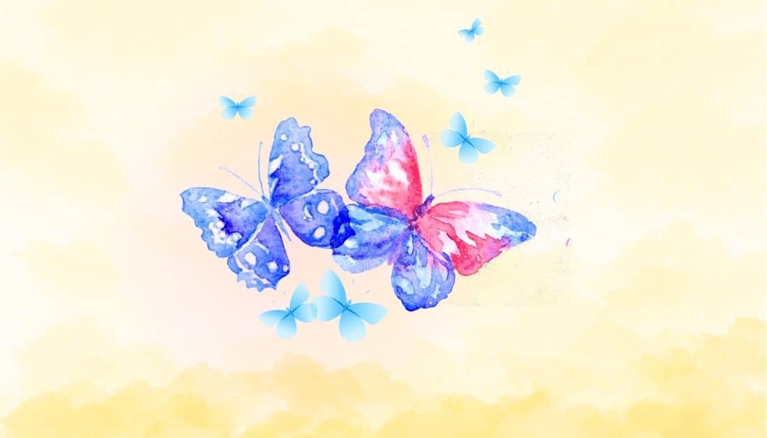 A watercolor picture of 2 mature butterflies surronded by 6 smaller butterflies. The butterfly symbolizes new life in the post Becoming a Grandmother.