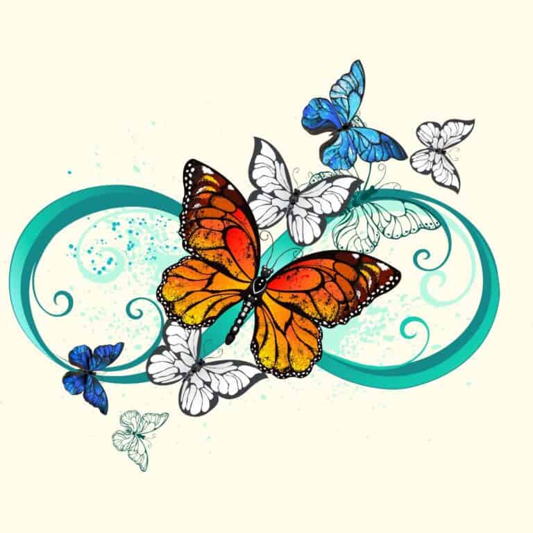 Illustration of 7 butterflies. There is a large yellow butterfly in the center with 3 smaller butterflies to it's left and 3 above and to the right. The background in an infinity symbol. The butterflies are flying up and to the right. The butterfly is used to show new life in the post Becoming a Grandmother.