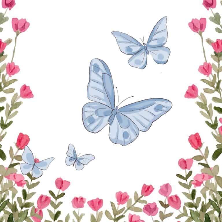Illustration of 4 blue butterflies. There is a large butterfly in the center witih 2 small butterflies on the bottom left and one medium sized butterfly to the top right. The border is of pink flowers on brown stems. Butterflies are used to illustrate new life in the post Becoming a Grandmother.