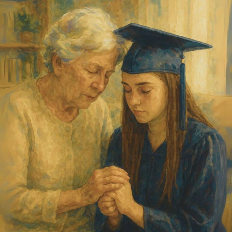 AI generated image for the post Speak Blessings over your grandchildren. This picture shows a high school girl wearing a graduation cap and gown. She is sitting on a couch in the living room with her grandmother. The grandma is sitting next to her and they are praying. Both have their eyes closed.