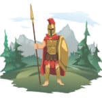 Drawing of a person dressed in the armor of God. This person has on a helmet, breastplate, boots and is carrying a sword and shield. The background has pine trees and mountains on either side of the person.