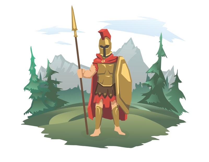 Drawing of a person dressed in the armor of God. This person has on a helmet, breastplate, boots and is carrying a sword and shield. The background has pine trees and mountains on either side of the person.