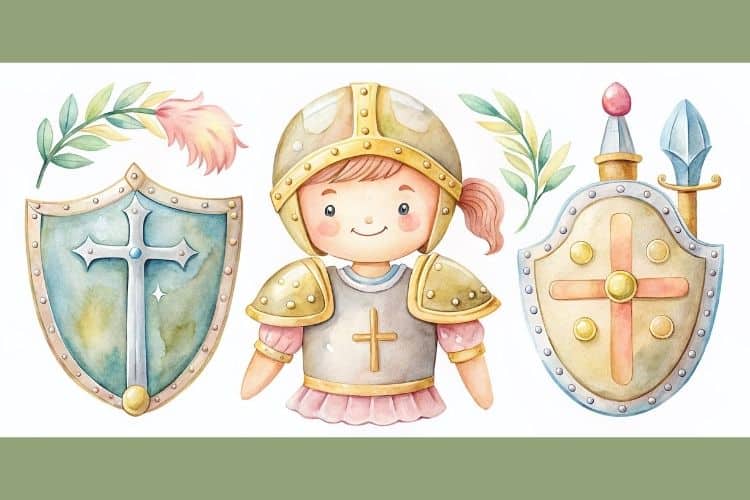 Drawing of a small child dressed in armor. It is a cute picture done in pastel colors and gentle images. The child is in the middle of the picture, and on either side, there is a shield. Used to illustrate the armor of God post.