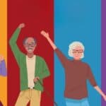 Graphic for the Grandparents Day Activities post. It shows 4 grandparents - from left to right there is a grandma, a grandpa, a different grandma and a different grandpa. They are energetic and happy. The background is in 4 colors, gold, red, blue and purple and each grandparent has one of the colors.