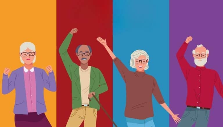 Graphic for the Grandparents Day Activities post. It shows 4 grandparents - from left to right there is a grandma, a grandpa, a different grandma and a different grandpa. They are energetic and happy. The background is in 4 colors, gold, red, blue and purple and each grandparent has one of the colors.
