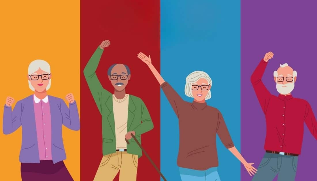 Graphic for the Grandparents Day Activities post. It shows 4 grandparents - from left to right there is a grandma, a grandpa, a different grandma and a different grandpa. They are energetic and happy. The background is in 4 colors, gold, red, blue and purple and each grandparent has one of the colors.