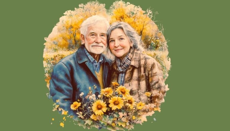 Watercolor picture of a gray haired man and woman standing in a forest. They are cheek to cheek and both are smiling. In the foreground is a bouquet of sunflowers. They are dressed in fall clothes. Used to illustrate the post Bible verses about gray hair.
